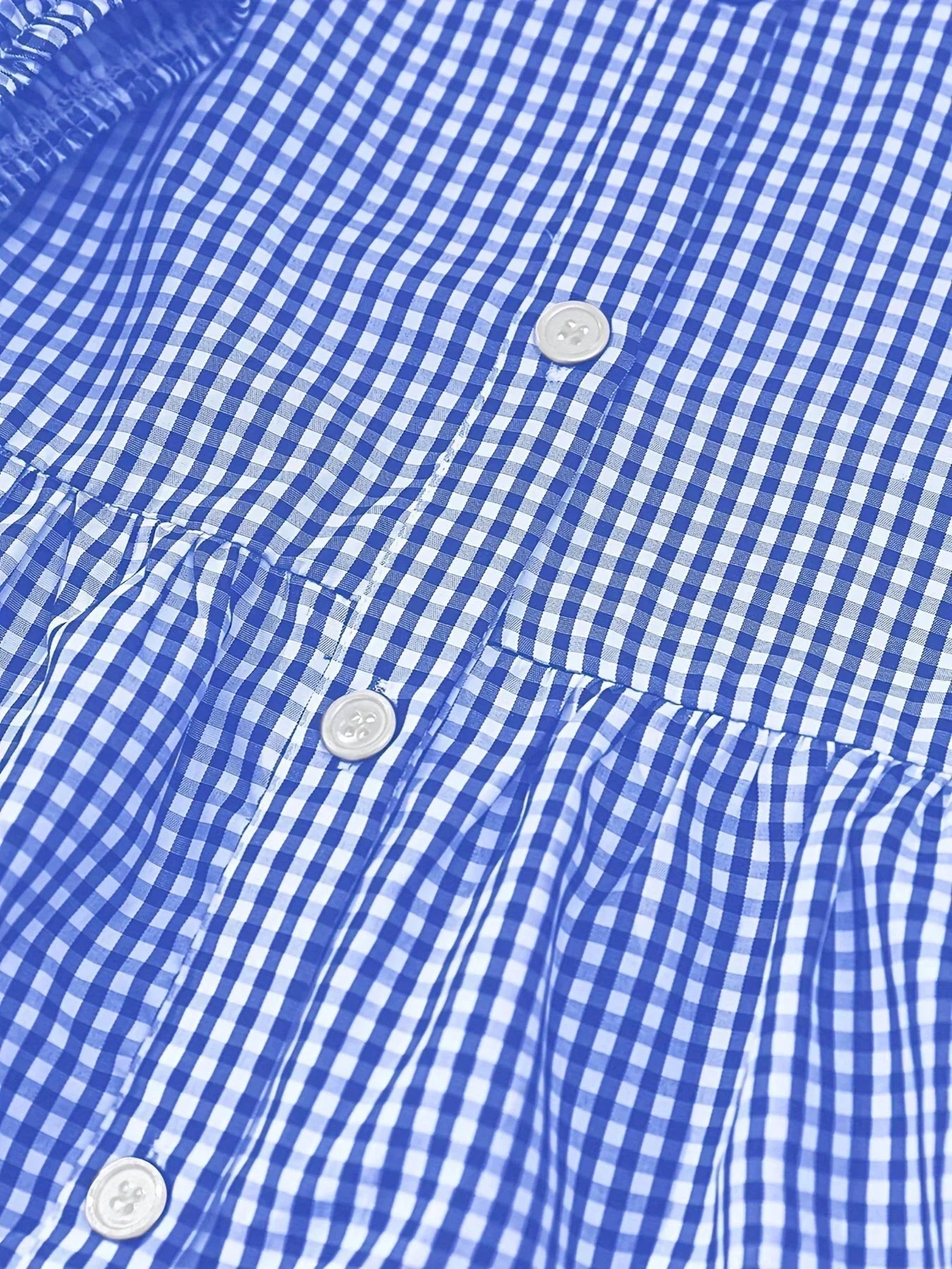 Blue - Pink and white gingham tiered mini dress featuring a collared v-neckline, button-front bodice, and three-quarter sleeves.