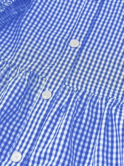 Blue - Pink and white gingham tiered mini dress featuring a collared v-neckline, button-front bodice, and three-quarter sleeves.