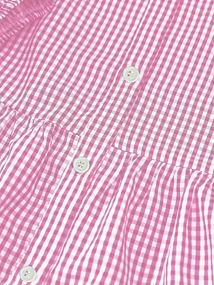 Blue - Pink and white gingham tiered mini dress featuring a collared v-neckline, button-front bodice, and three-quarter sleeves.
