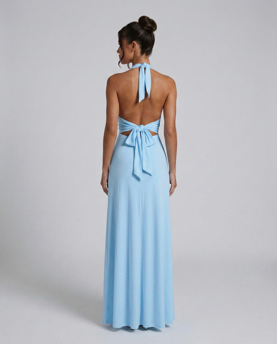 Halter Ruched A-Line Maxi Dress