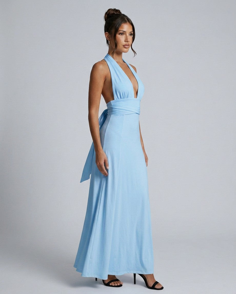 Halter Ruched A-Line Maxi Dress
