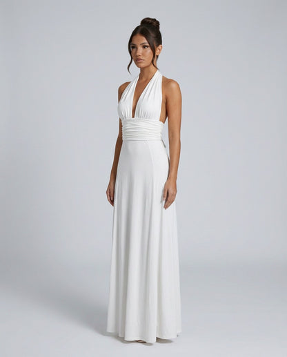 Halter Ruched A-Line Maxi Dress