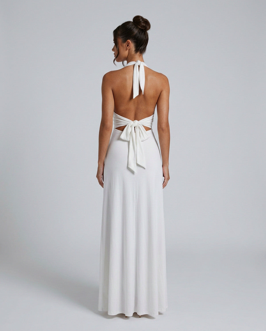 Halter Ruched A-Line Maxi Dress