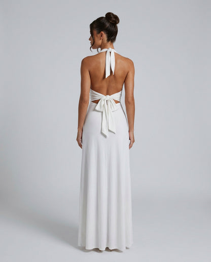 Halter Ruched A-Line Maxi Dress