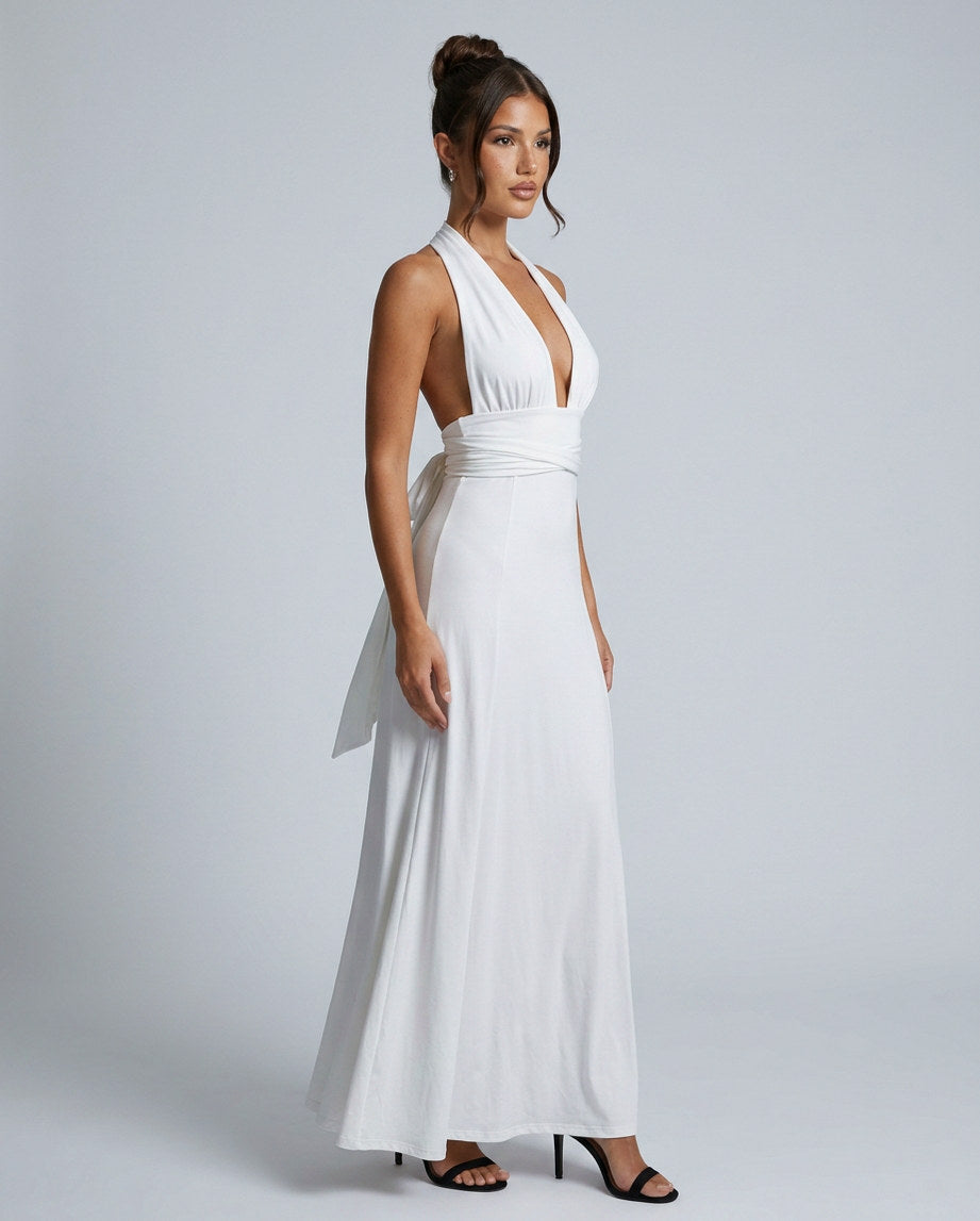 Halter Ruched A-Line Maxi Dress