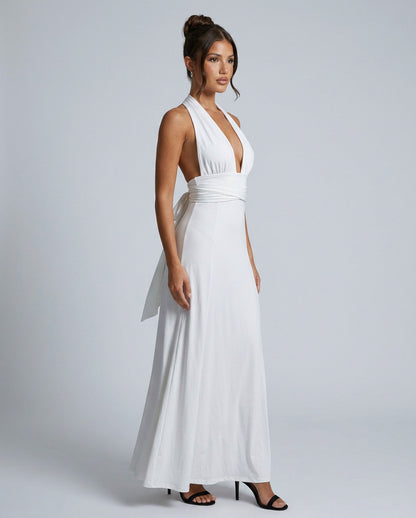 Halter Ruched A-Line Maxi Dress