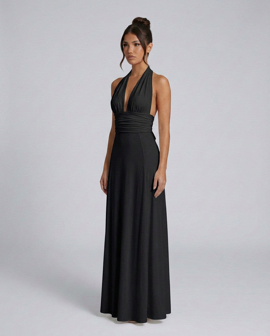 Halter Ruched A-Line Maxi Dress