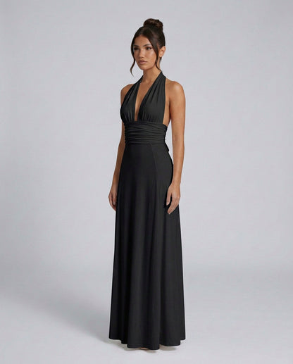 Halter Ruched A-Line Maxi Dress