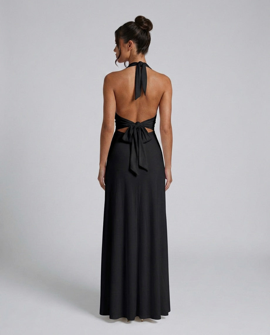 Halter Ruched A-Line Maxi Dress