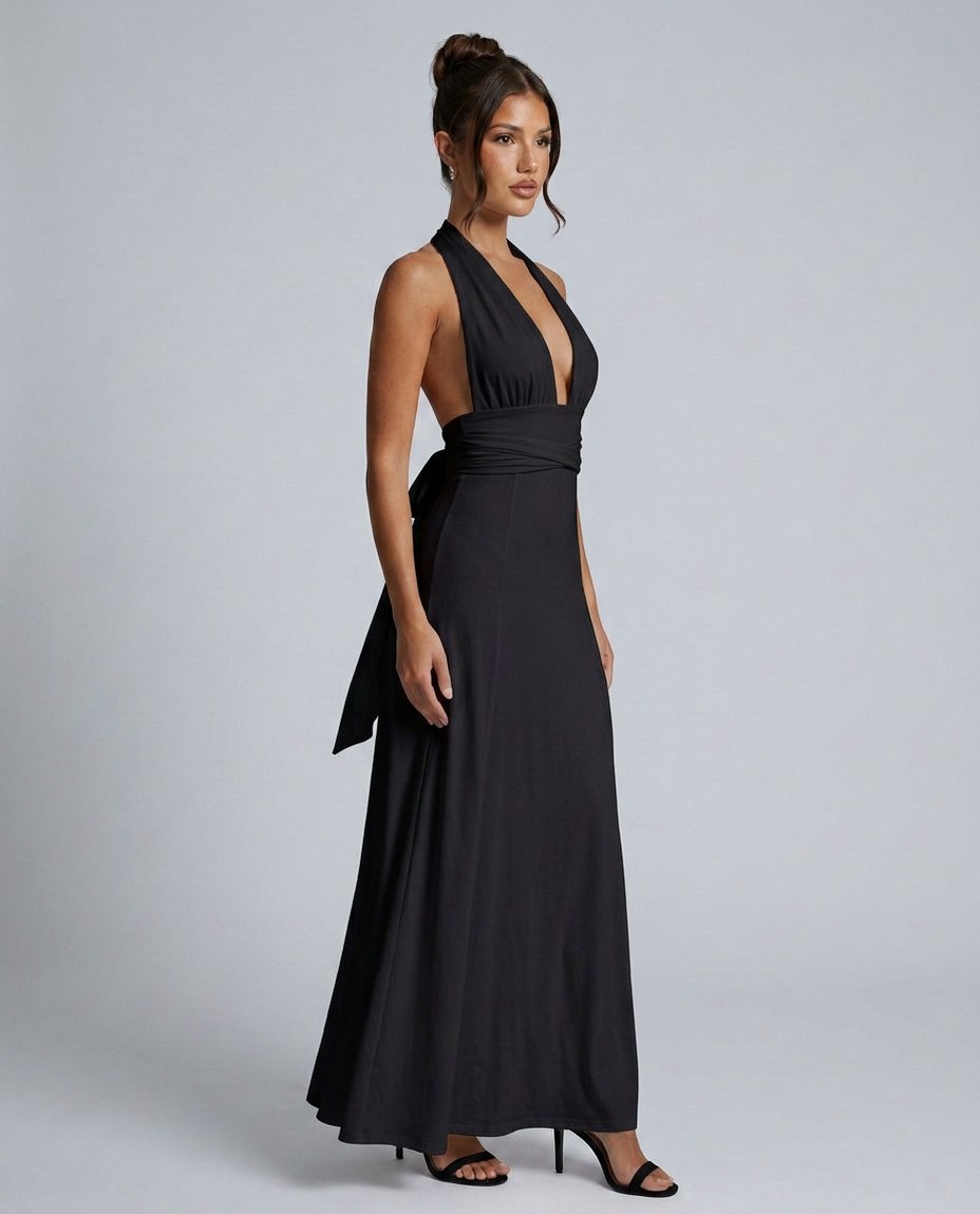 Halter Ruched A-Line Maxi Dress
