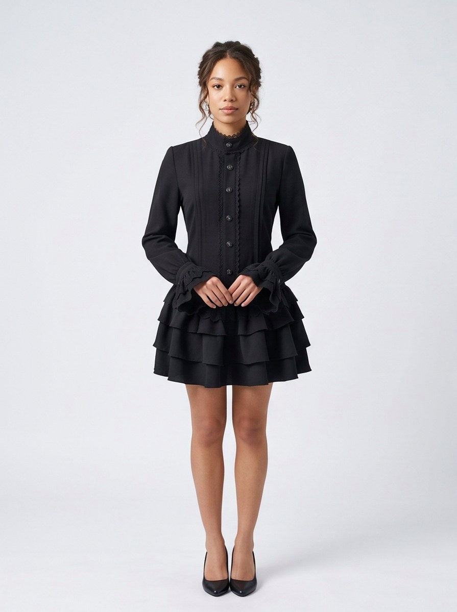 Long Sleeve High Neck Tiered Mini Dress