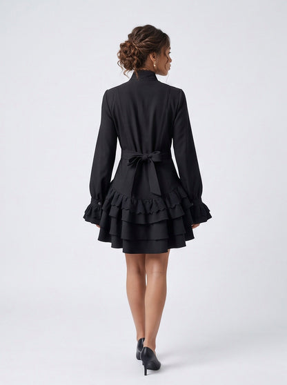 Long Sleeve High Neck Tiered Mini Dress