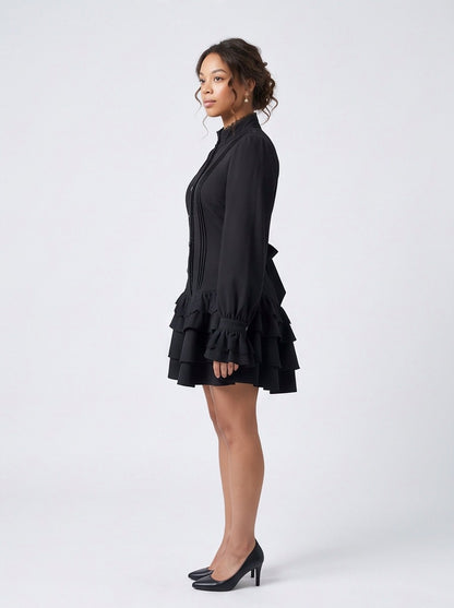 Long Sleeve High Neck Tiered Mini Dress