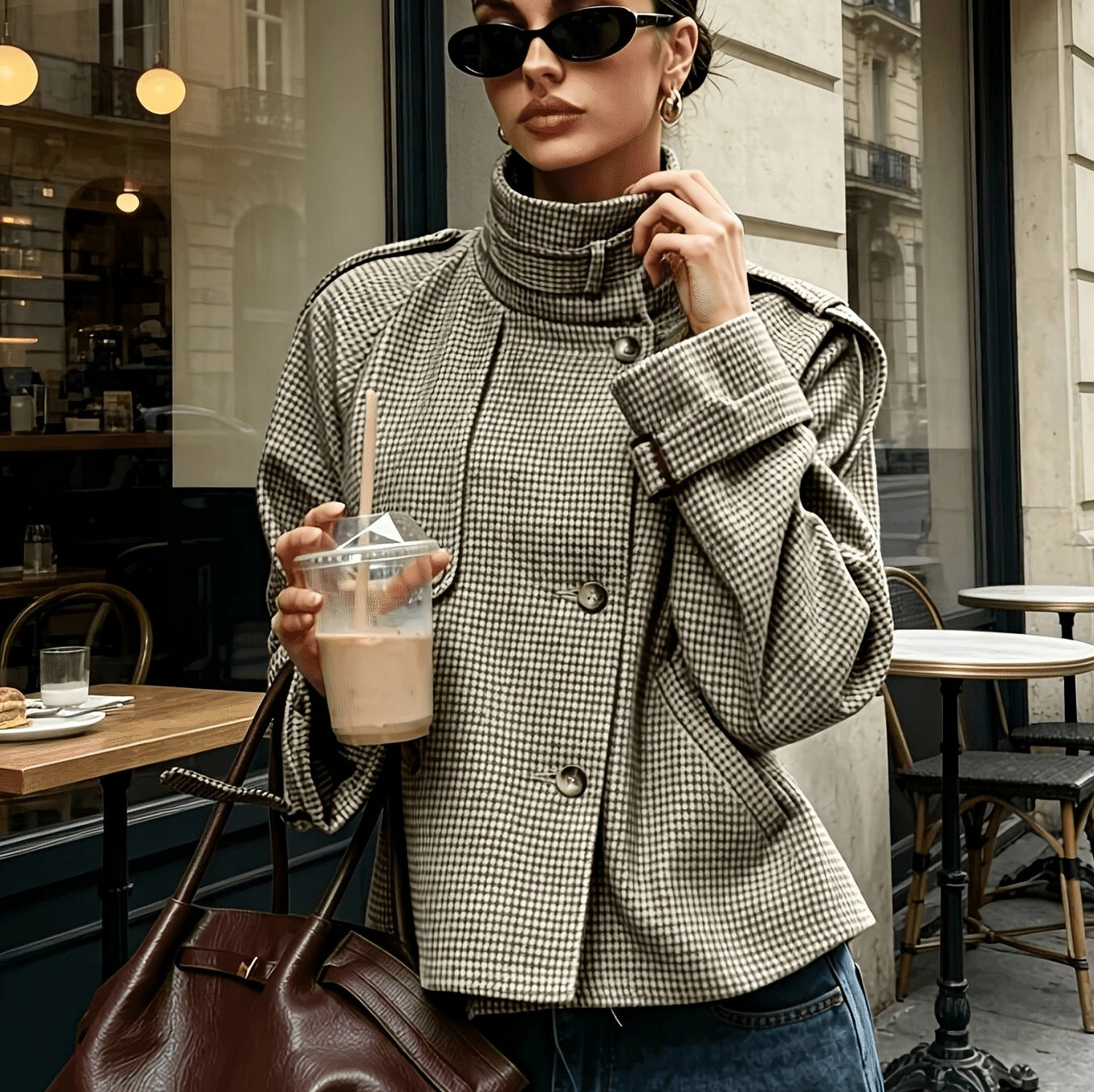 Houndstooth High Neck Tweed Jacket