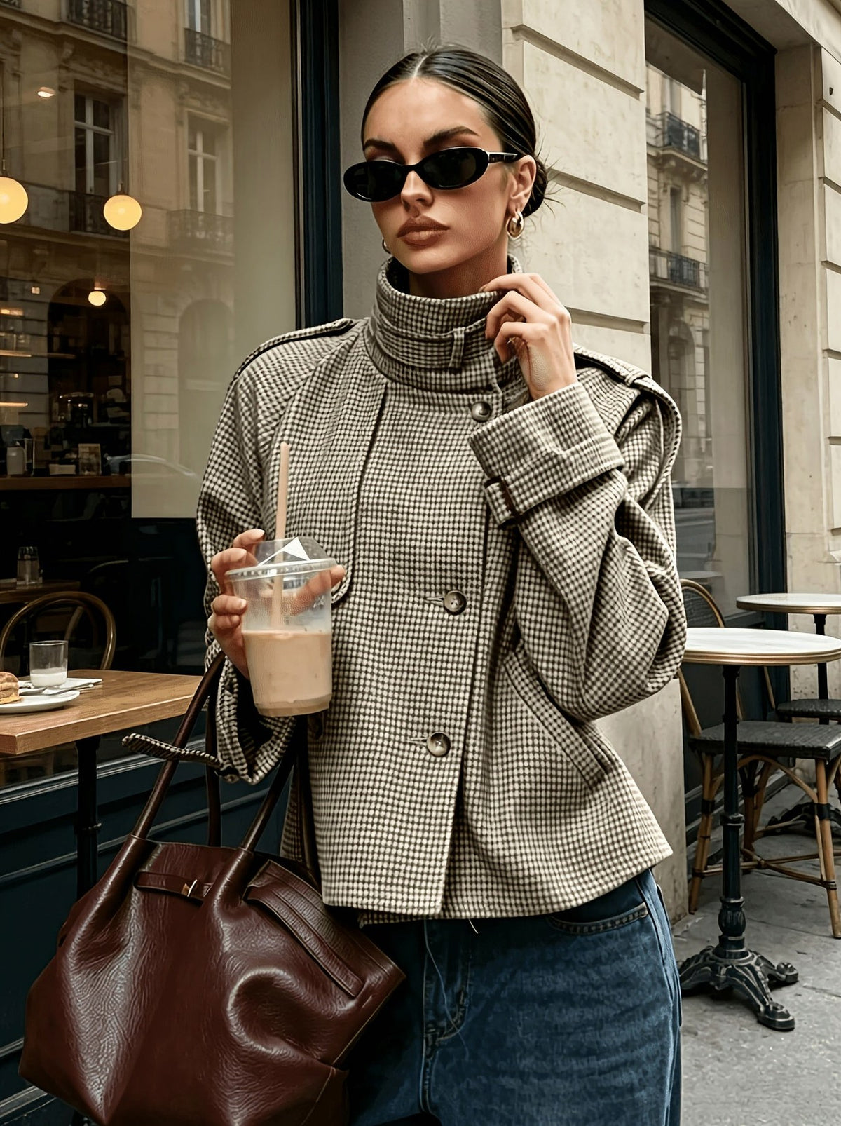 Houndstooth High Neck Tweed Jacket
