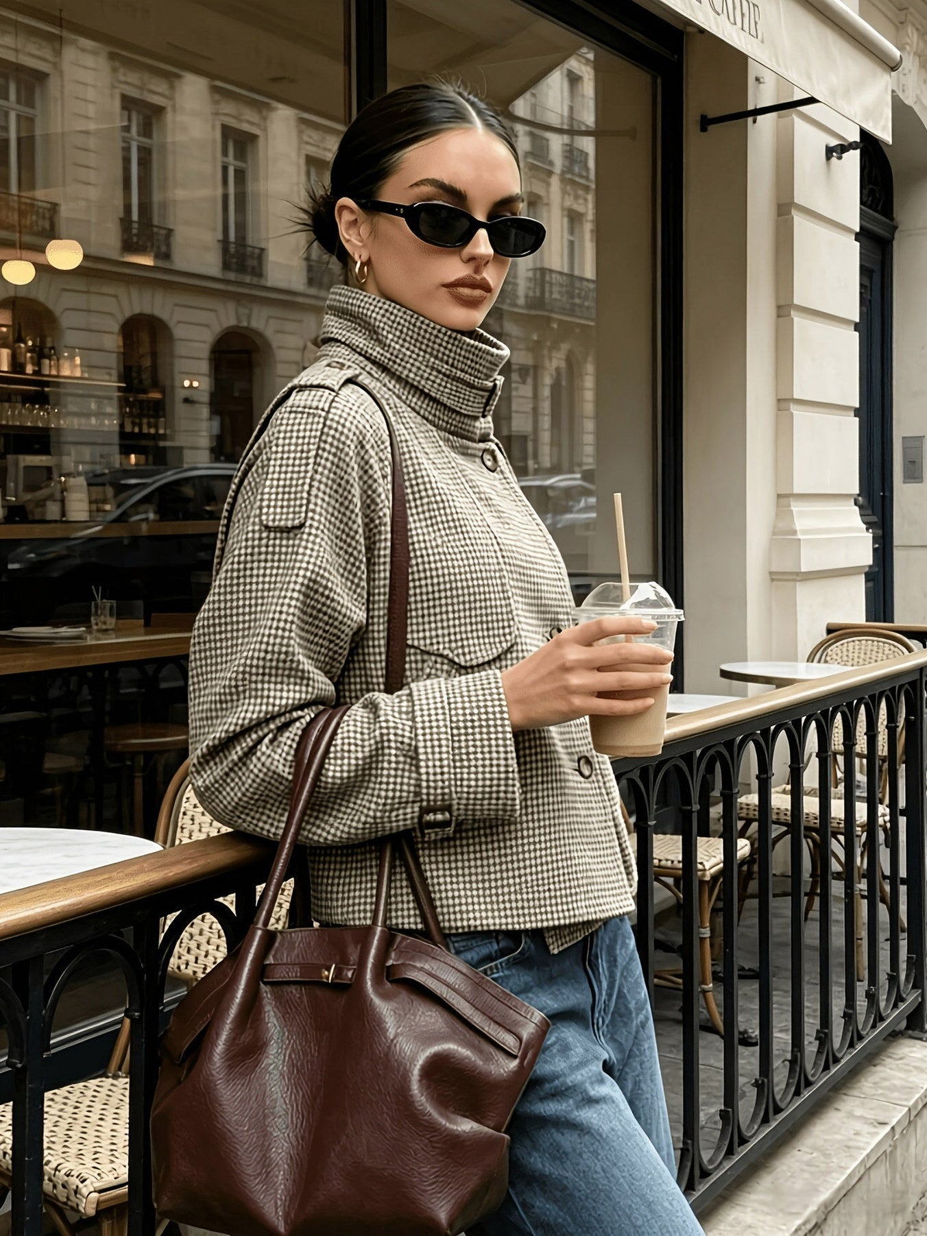 Houndstooth High Neck Tweed Jacket