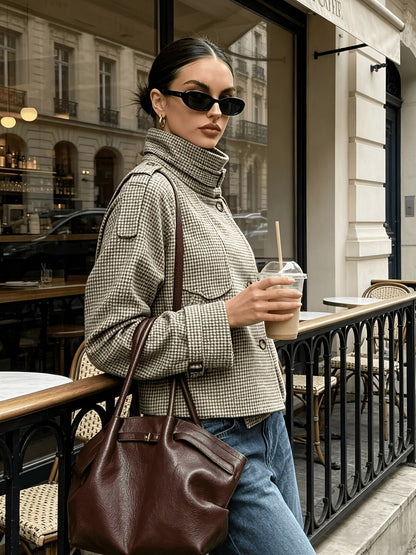 Houndstooth High Neck Tweed Jacket