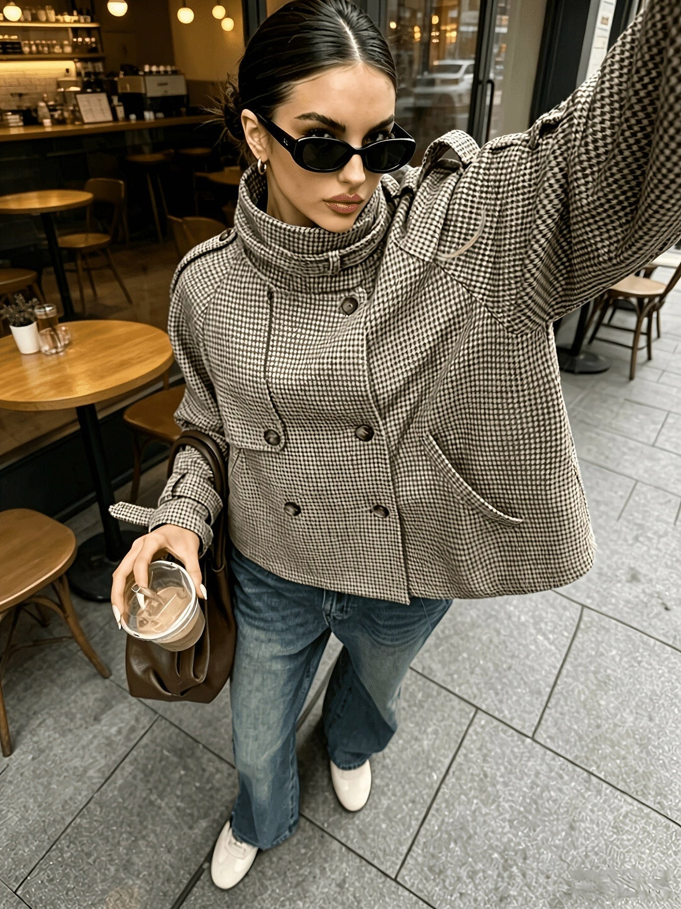 Houndstooth High Neck Tweed Jacket