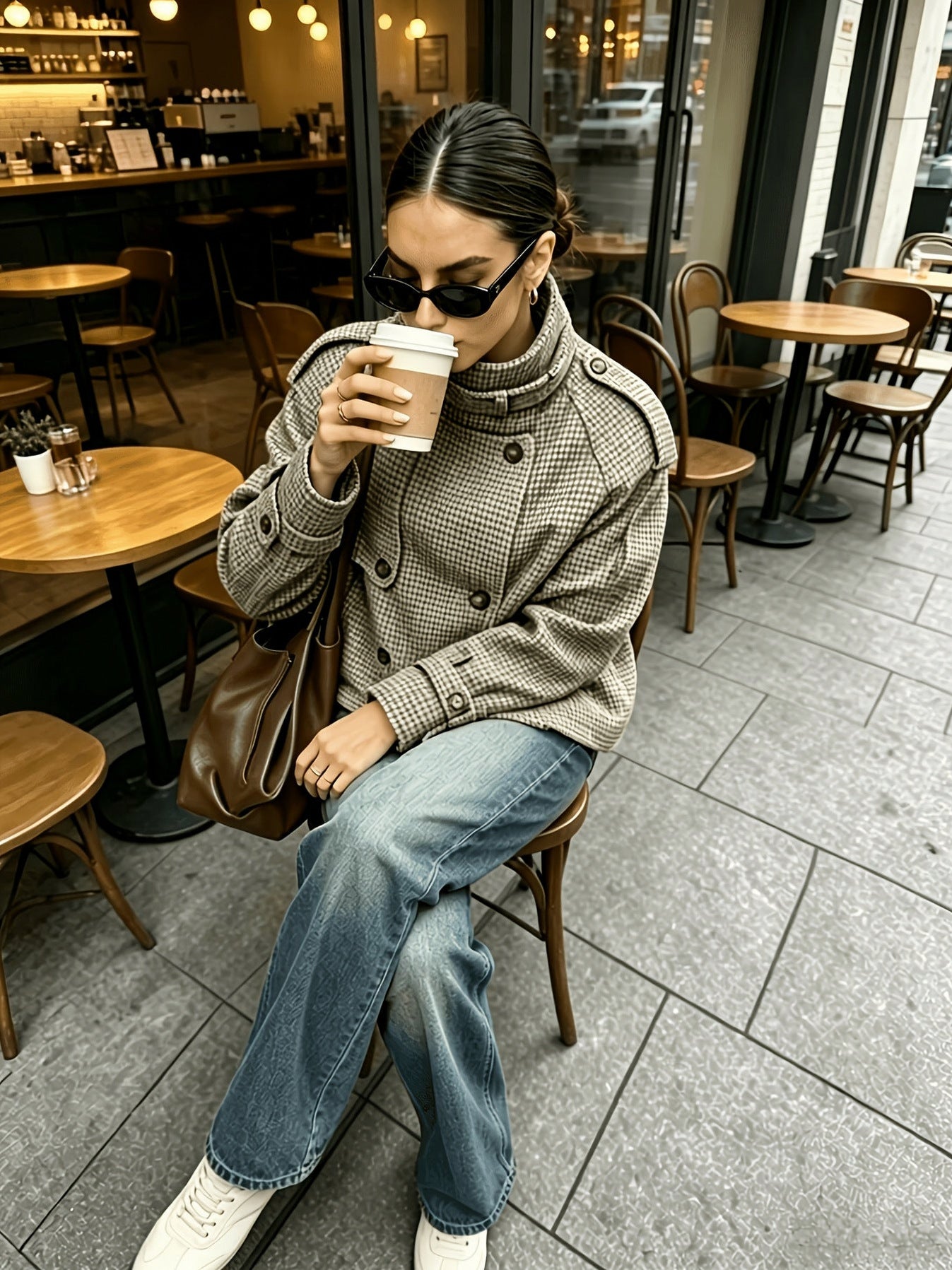 Houndstooth High Neck Tweed Jacket