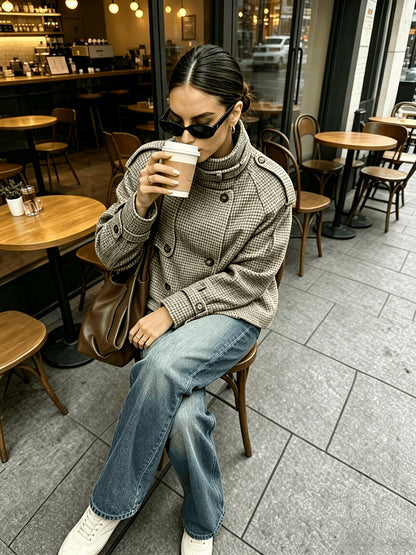 Houndstooth High Neck Tweed Jacket