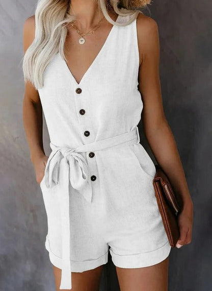 V-Neck Button Down Tie Romper