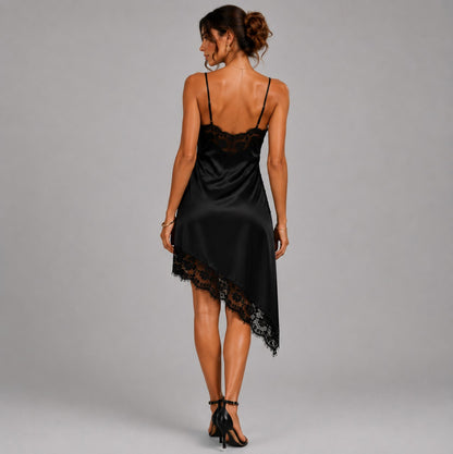 Satin Lace Trim Asymmetrical Slip Dress