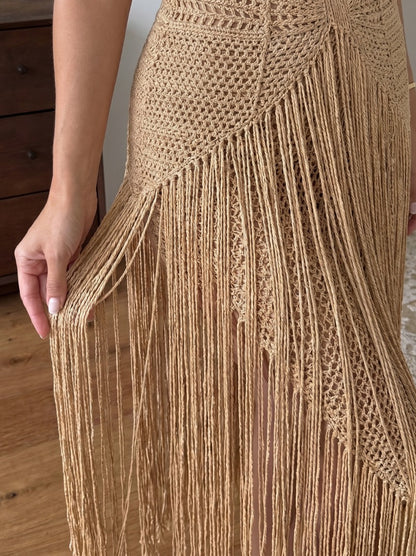 Crochet Cutout Fringe Maxi Dress
