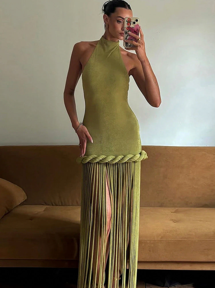 Halter Fringe Braided Maxi Dress