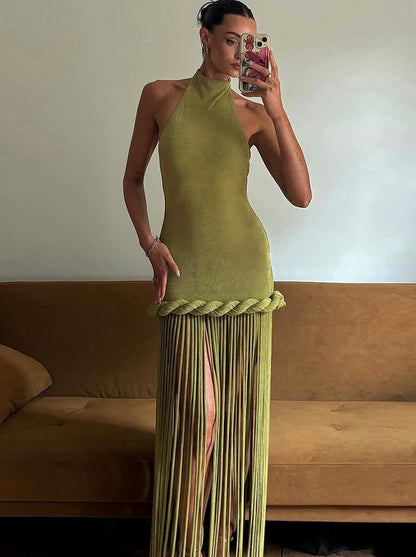 Halter Fringe Braided Maxi Dress