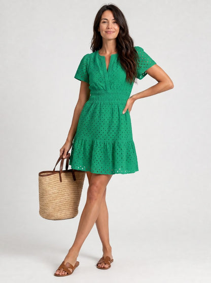 Eyelet Smocked Tiered Mini Dress