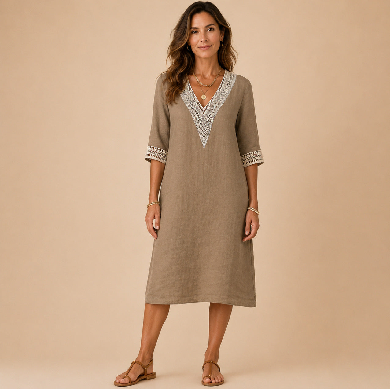 Linen Crochet Trim Midi Dress