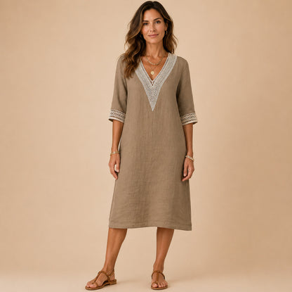 Linen Crochet Trim Midi Dress