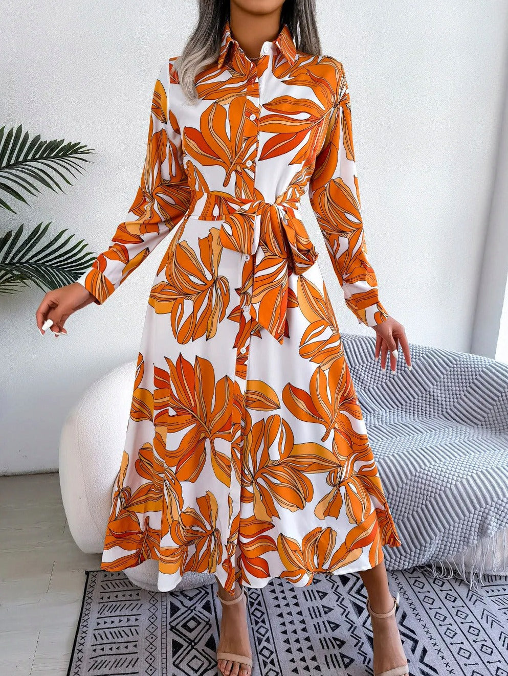 Floral Tie Waist Shirt Dress