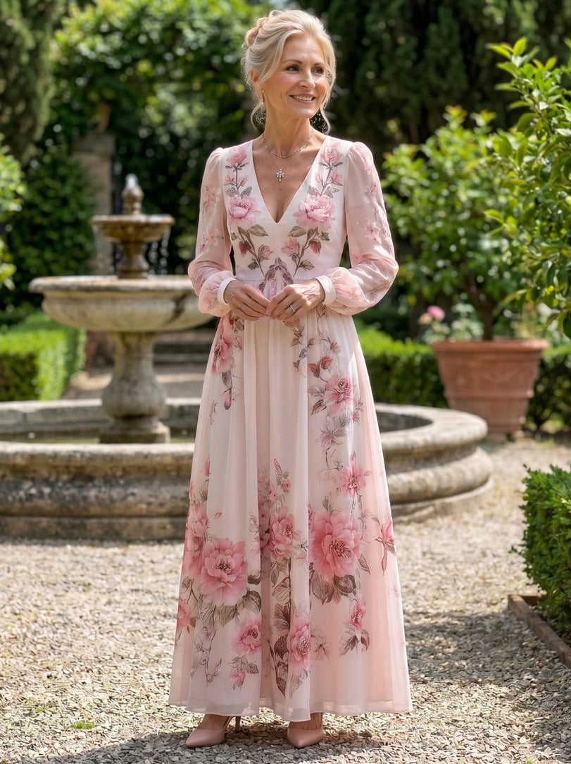 Floral Chiffon Long Sleeve Maxi Dress