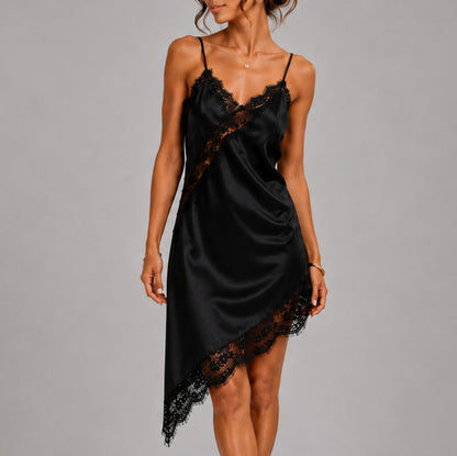 Satin Lace Trim Asymmetrical Slip Dress