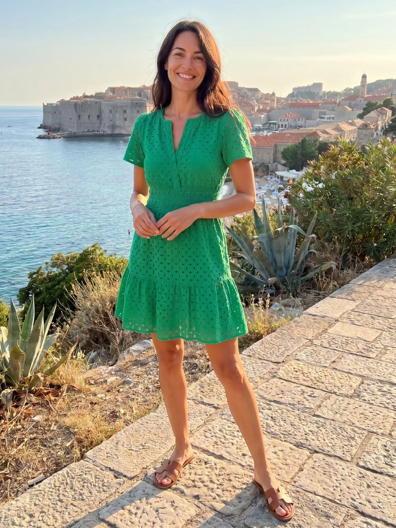 Eyelet Smocked Tiered Mini Dress