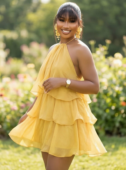 Chiffon Tiered Halter Mini Dress