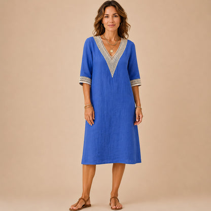 Linen Crochet Trim Midi Dress