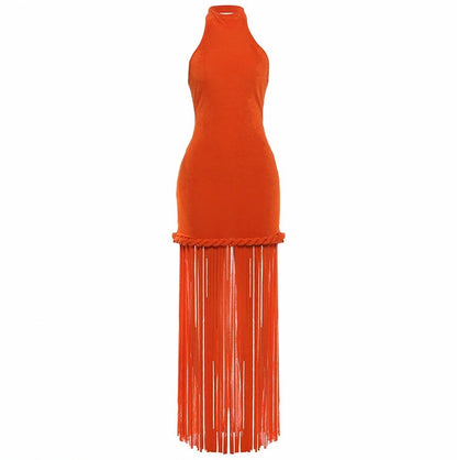 Halter Fringe Braided Maxi Dress