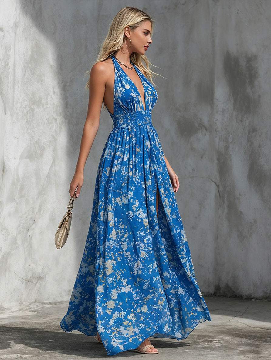 Floral Chiffon Halter Maxi Dress