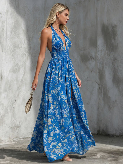 Floral Chiffon Halter Maxi Dress