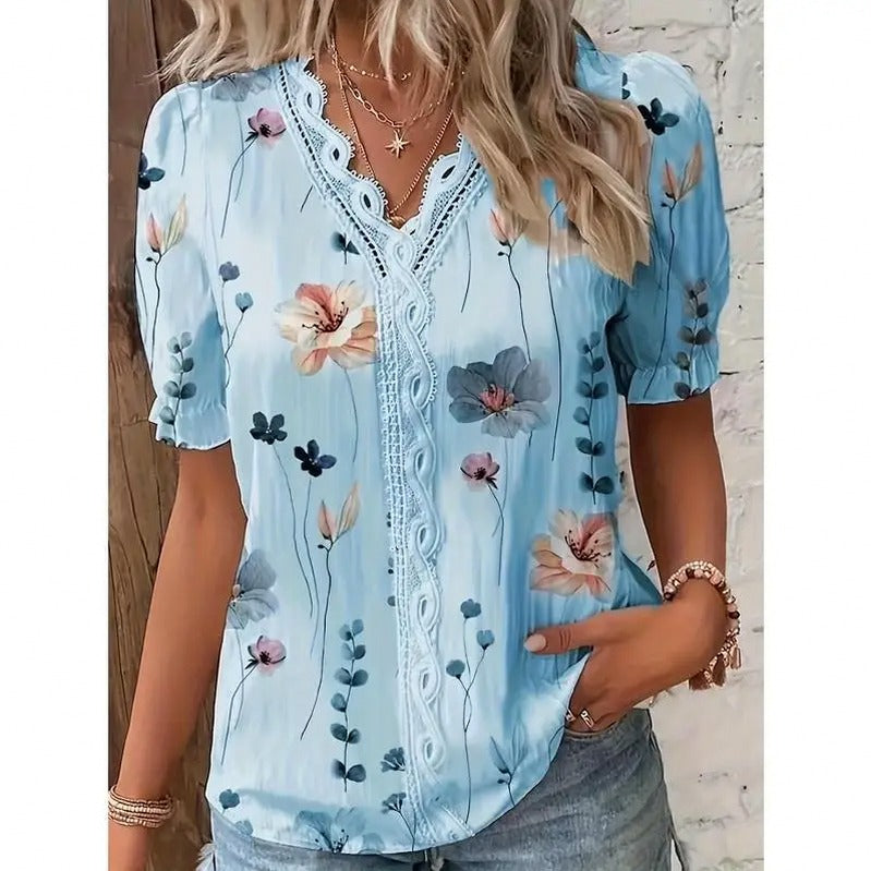 Floral Puff Sleeve Crochet Blouse