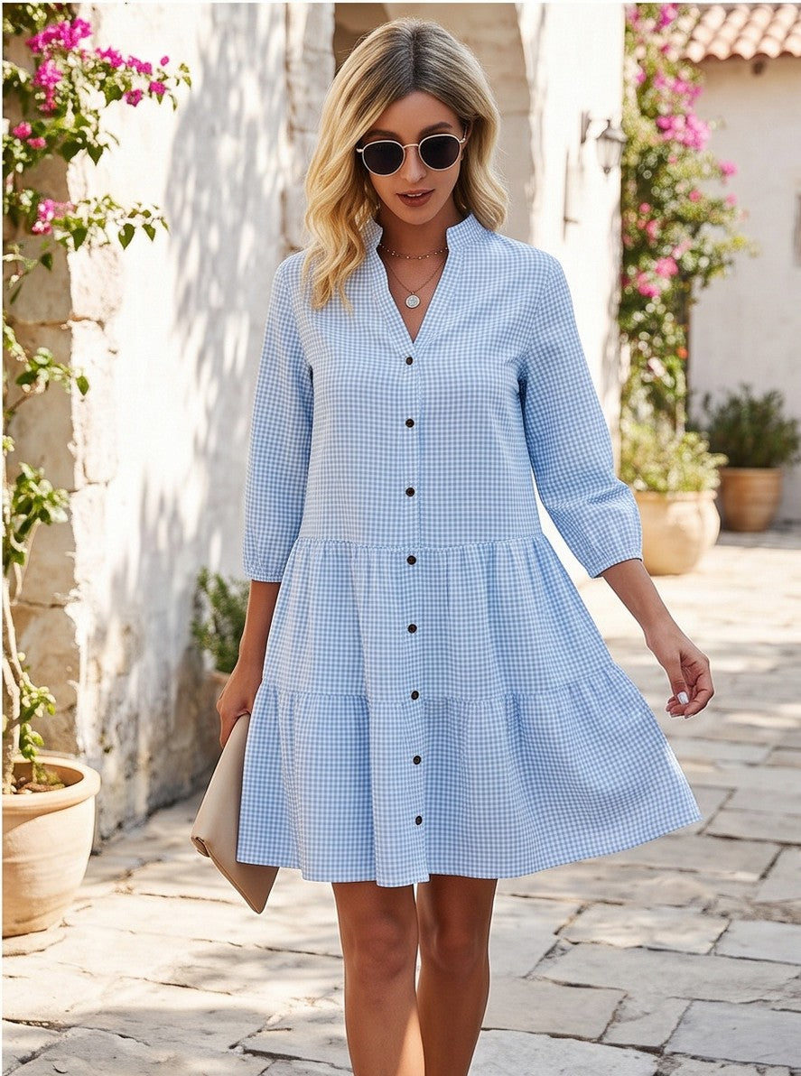 Gingham Tiered Mini Shirt Dress