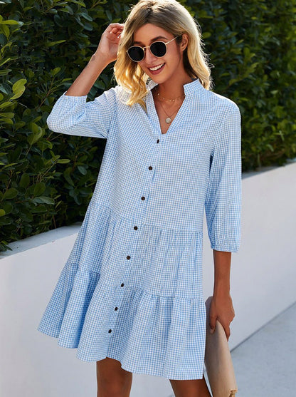 Gingham Tiered Mini Shirt Dress