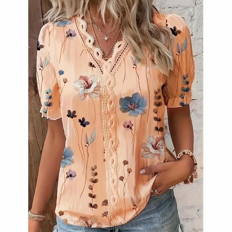 Floral Puff Sleeve Crochet Blouse