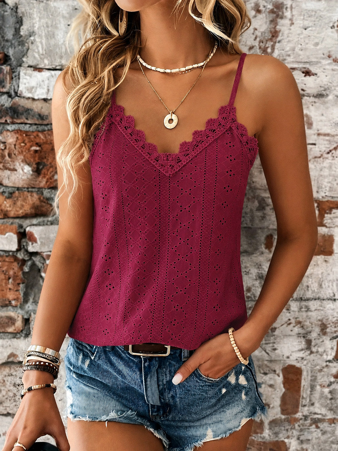 Eyelet Lace Trim V-Neck Camisole