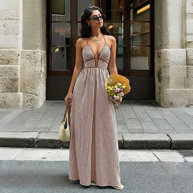 Striped Halter Plunge Maxi Sundress