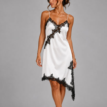 Satin Lace Trim Asymmetrical Slip Dress