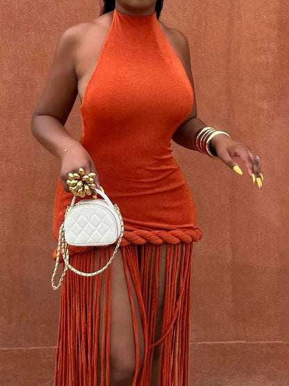 Halter Fringe Braided Maxi Dress