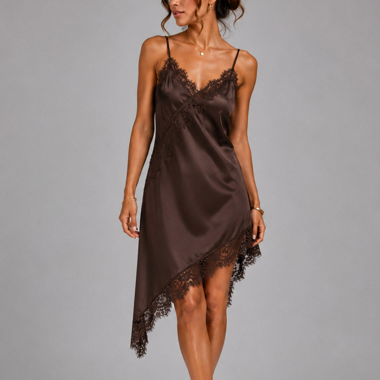 Satin Lace Trim Asymmetrical Slip Dress